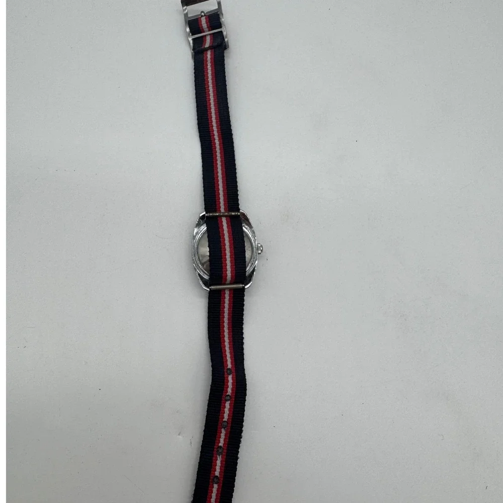 Vintage Timex Electric Watch Black Dial Silver Case Striped Nylon Strap Untested